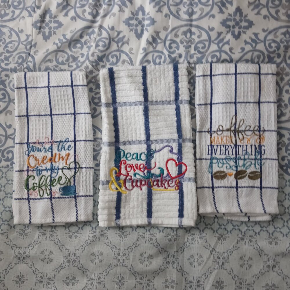 Kitchen Towels 3 White/Blue Stripes Waffle Fabric Embroidered Multicolor Quotes